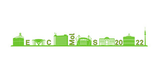 ECMolS2022 logo. A skyline of Dortmund in cartoon style with the individual letters ECMolS 2022 between the buildings.