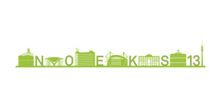 NOEKS 13 logo. A skyline of Dortmund in cartoon style with the individual letters NOEKS 13 between the buildings.