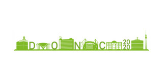 DONC2020 logo. A skyline of Dortmund in cartoon style with the individual letters DONC2020 between the buildings.