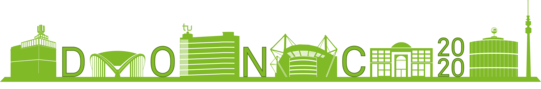 DONC2020 logo. A skyline of Dortmund in cartoon style with the individual letters DONC2020 between the buildings.